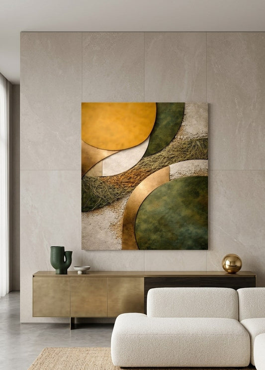 Oeuvre abstraite avec textures riches et formes circulaires parfaite pour une déco murale moderne et naturelle
