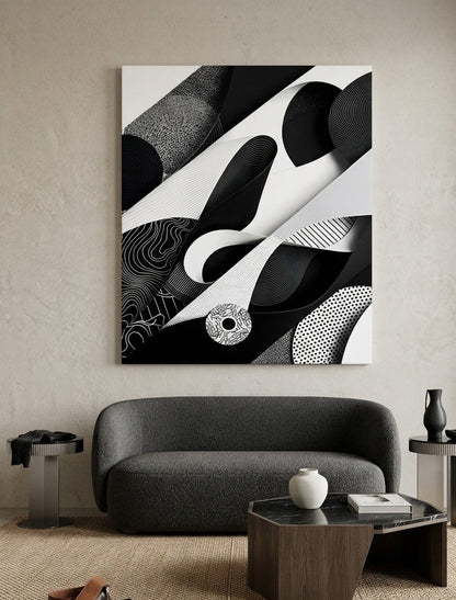 Oeuvre abstraite minimaliste noir et blanc avec contrastes forts et motifs design pour une décoration murale moderne et structurée
