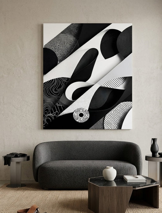 Oeuvre abstraite minimaliste noir et blanc avec contrastes forts et motifs design pour une décoration murale moderne et structurée
