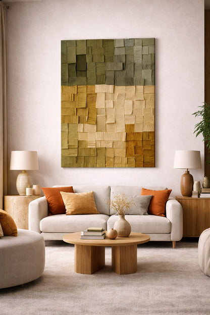 Oeuvre abstraite avec textures et relief subtil inspiré de matières naturelles pour une ambiance intérieure apaisante et moderne
