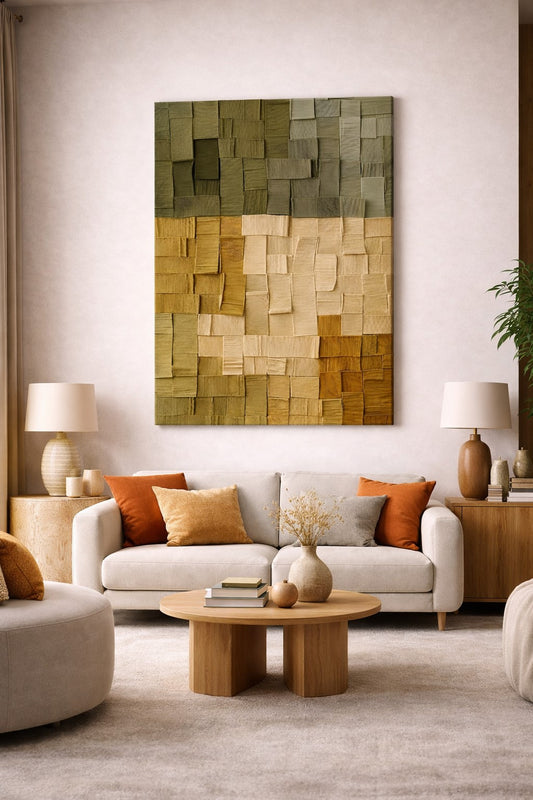 Oeuvre abstraite avec textures et relief subtil inspiré de matières naturelles pour une ambiance intérieure apaisante et moderne
