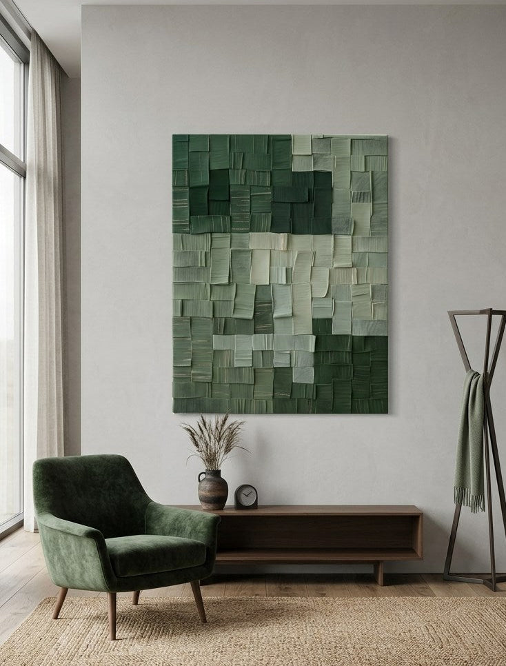 Oeuvre abstraite minimaliste verte avec jeu de textures et volumes apportant équilibre et modernité à votre intérieur
