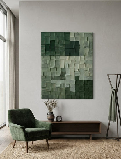 Oeuvre abstraite minimaliste verte avec jeu de textures et volumes apportant équilibre et modernité à votre intérieur
