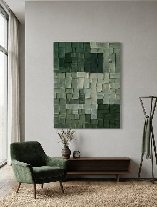 Oeuvre abstraite minimaliste verte avec jeu de textures et volumes apportant équilibre et modernité à votre intérieur
