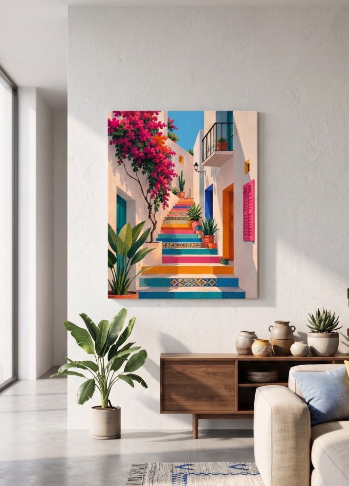 Tableau mural coloré méditerranéen présenté dans un intérieur contemporain
