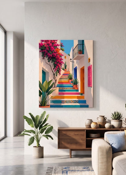 Tableau mural coloré méditerranéen présenté dans un intérieur contemporain
