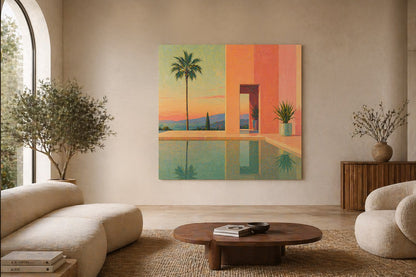 Tableau design paysage architectural avec lumière douce et ambiance relaxante pour intérieur moderne
