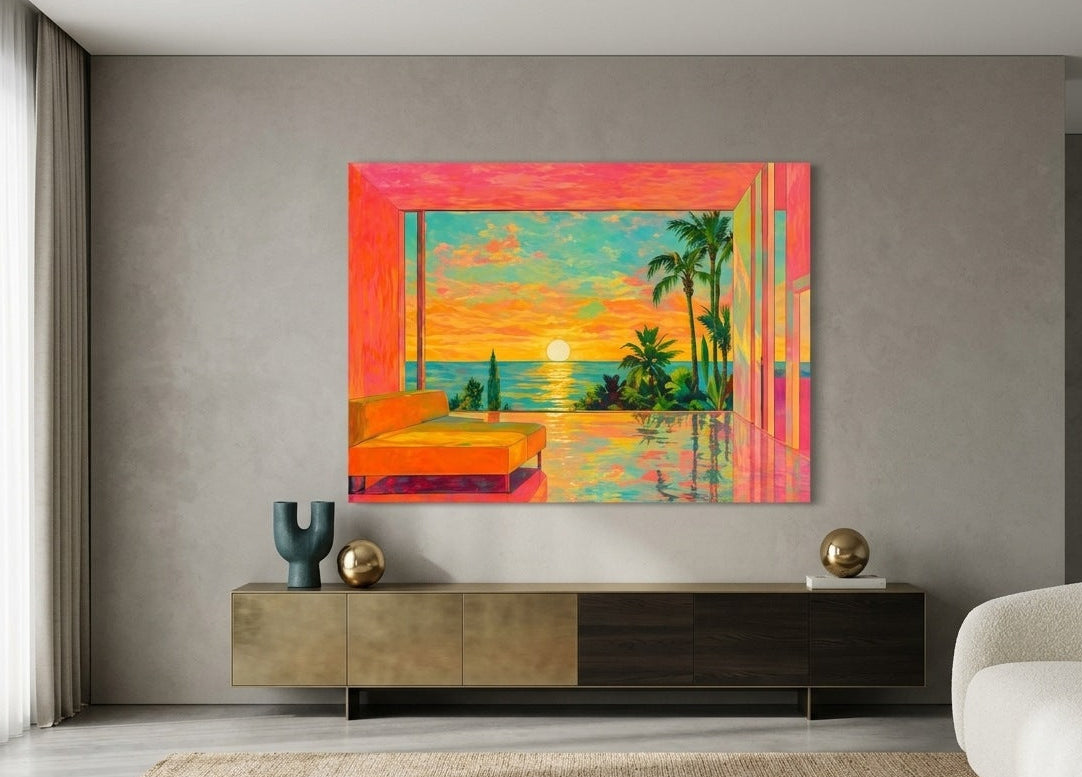Tableau design coucher de soleil avec palmiers et couleurs vibrantes pour intérieur moderne et relaxant

