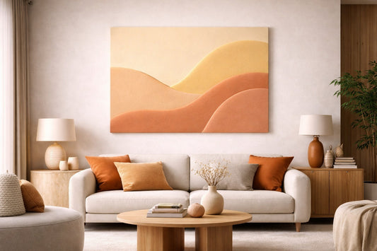 Oeuvre abstraite inspirée des dunes avec nuances sable et terracotta parfaite pour une déco murale moderne et apaisante
