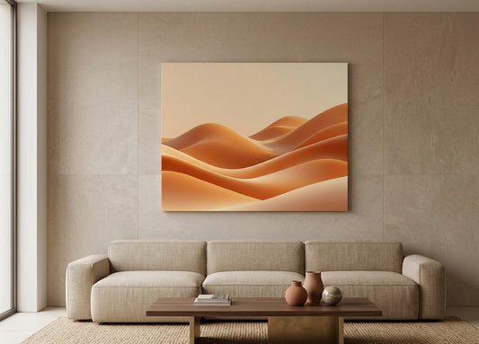 Oeuvre abstraite inspirée des dunes avec nuances dorées et formes fluides parfaite pour une déco murale moderne et élégante
