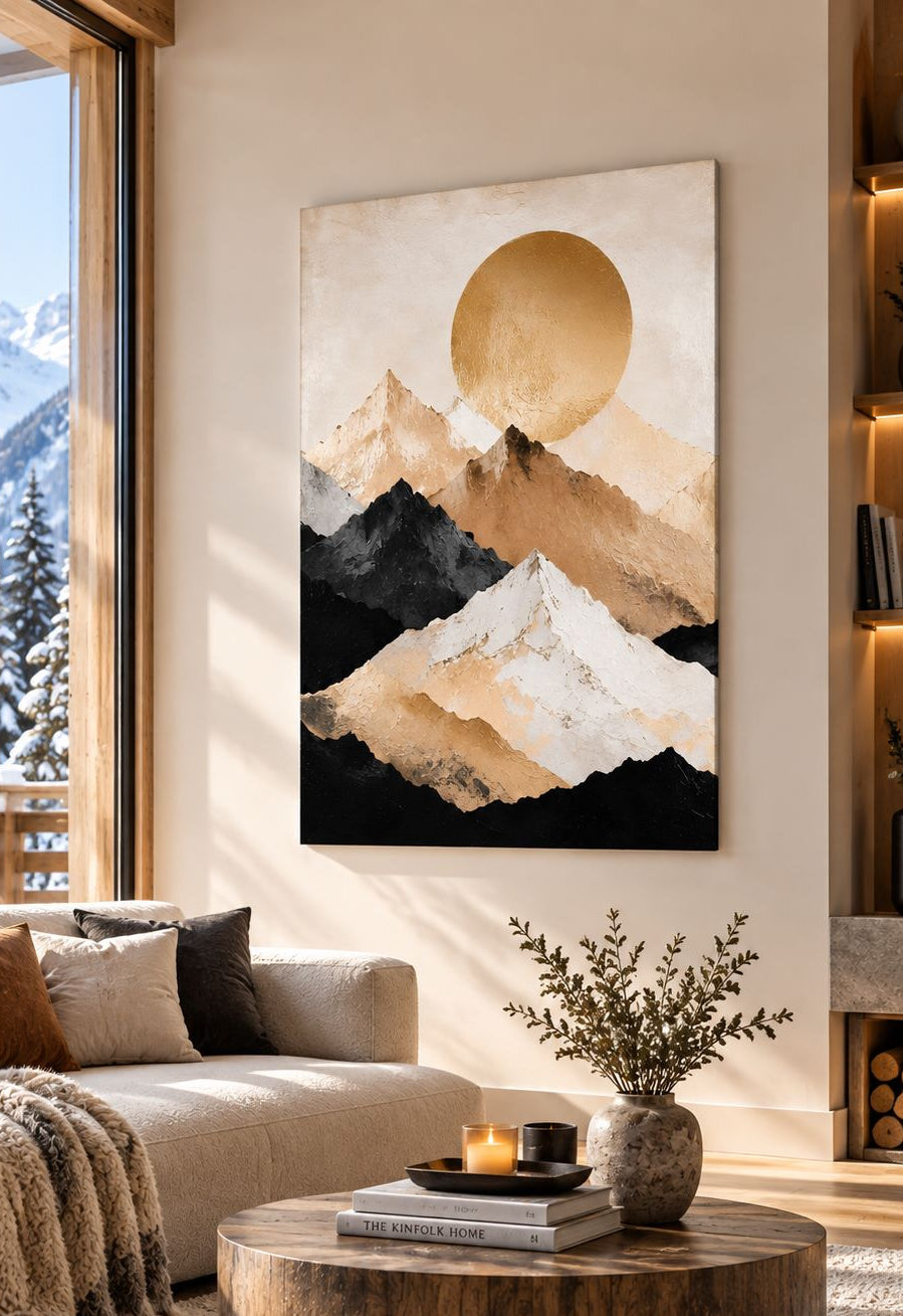 Tableau montagne sur toile aux reliefs minéraux beige, blanc, brun et noir
