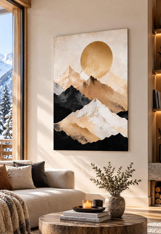 Tableau montagne sur toile aux reliefs minéraux beige, blanc, brun et noir
