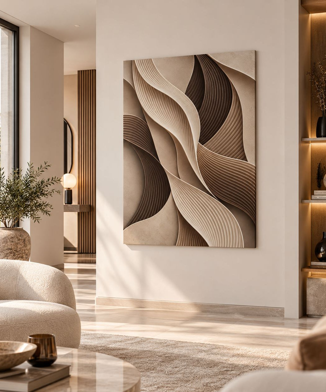 Tableau mural Ondes présenté dans un intérieur contemporain aux tons chauds
