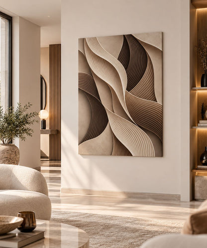Tableau mural Ondes présenté dans un intérieur contemporain aux tons chauds
