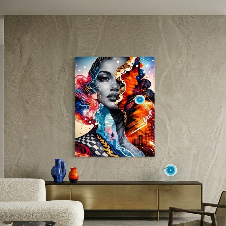 Oeuvre murale design avec visage graphique et couleurs vibrantes idéale pour déco murale moderne et expressive
