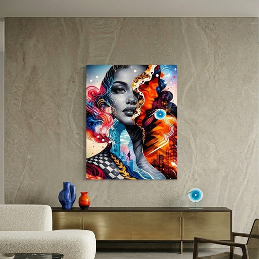 Oeuvre murale design avec visage graphique et couleurs vibrantes idéale pour déco murale moderne et expressive
