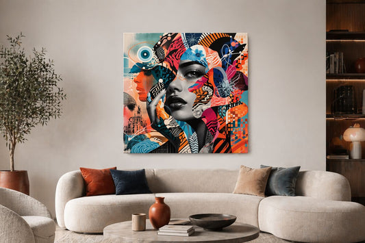 Oeuvre murale design avec visage artistique et composition graphique colorée pour décoration contemporaine
