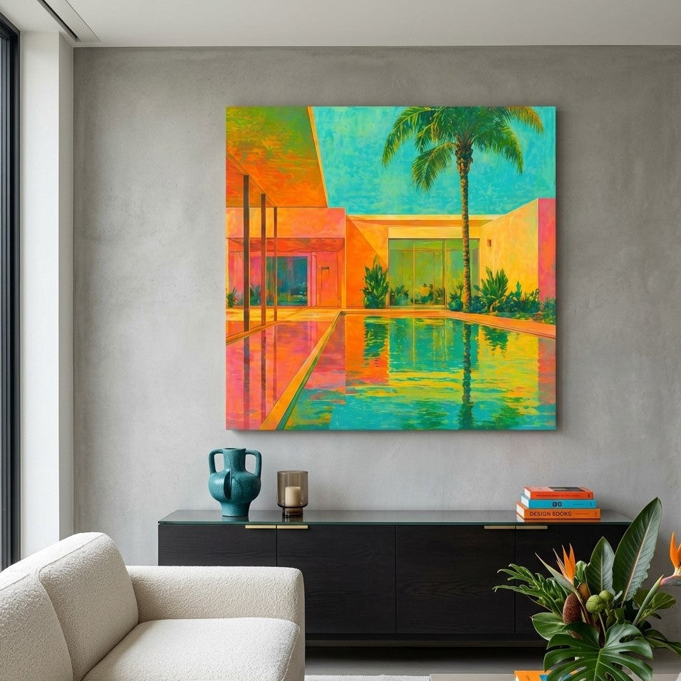 Tableau design villa avec couleurs saturées et atmosphère lumineuse pour décoration murale contemporaine
