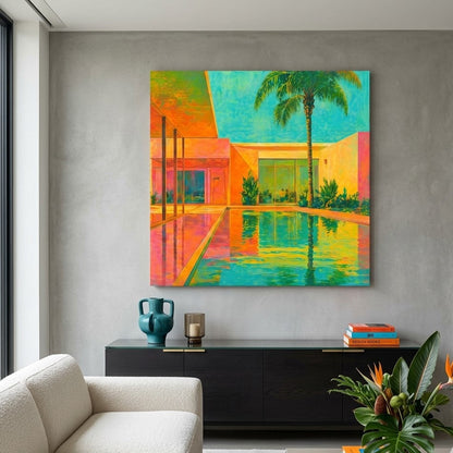 Tableau design villa avec couleurs saturées et atmosphère lumineuse pour décoration murale contemporaine
