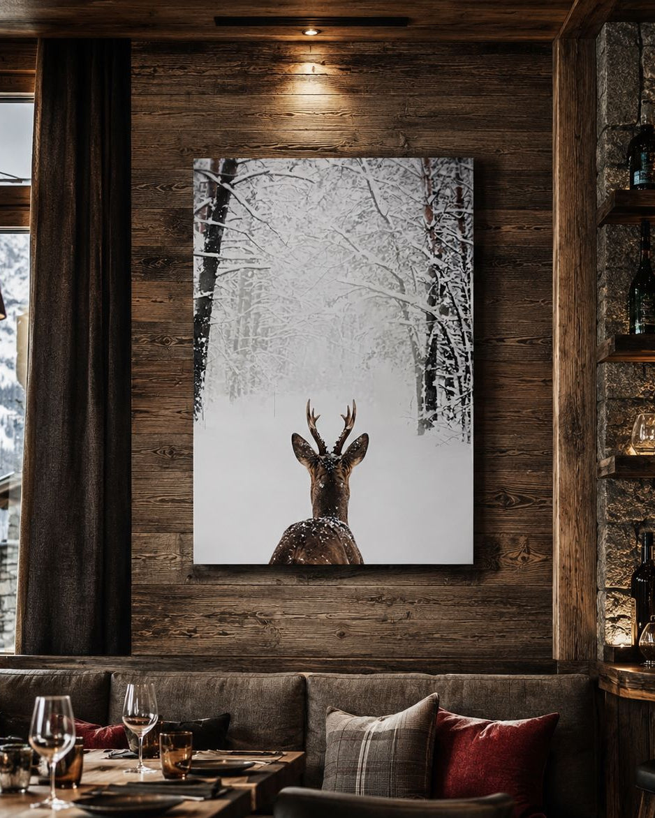 Décoration murale nature représentant un cerf dans un environnement hivernal majestueux
