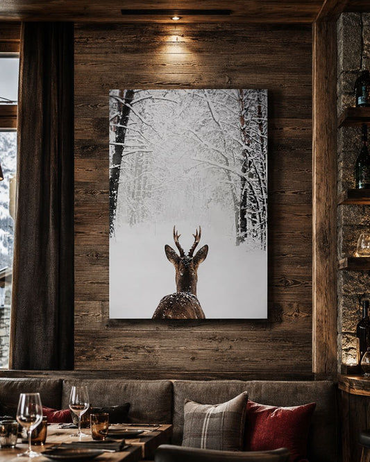 Décoration murale nature représentant un cerf dans un environnement hivernal majestueux
