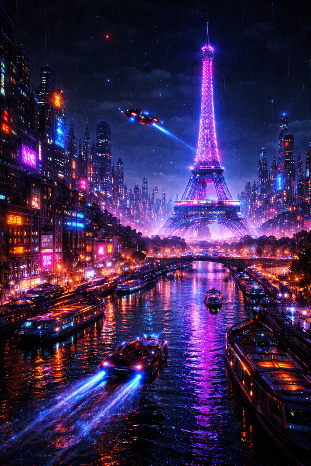 Tableau néon cyberpunk Paris vue de face
