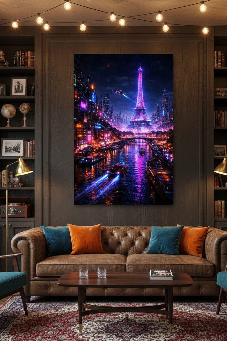 Tableau néon cyberpunk Paris en décoration murale intérieure
