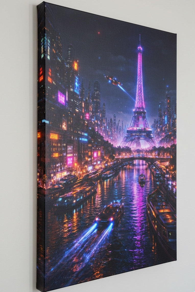 Tableau néon cyberpunk Paris sur toile vue de profil
