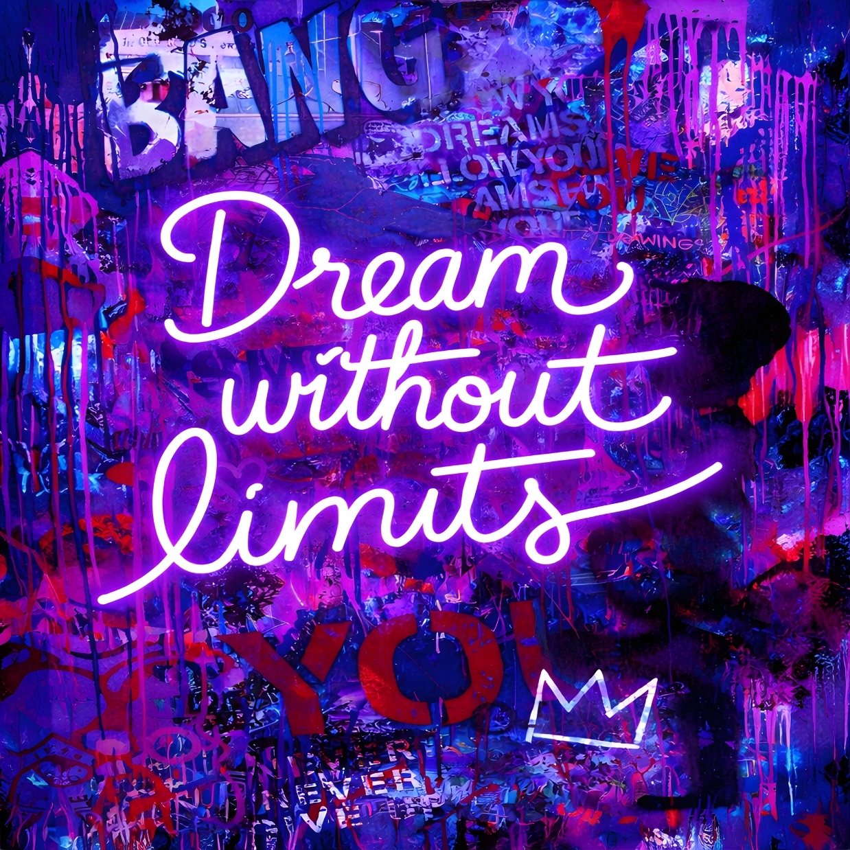 Tableau néon Dream Without Limits style pop art urbain, graffiti violet et bleu, création exclusive Iconik-Art.
