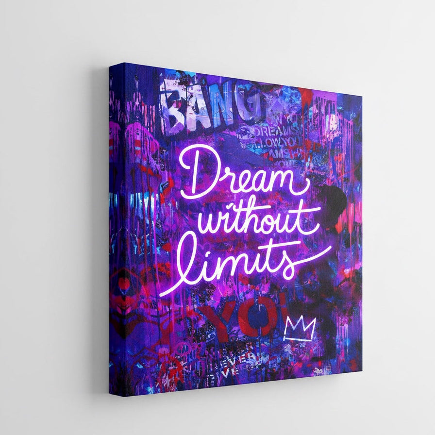 Vue de profil sur toile châssis du tableau néon Dream Without Limits, détails textures et effets spray, impression haute qualité.
