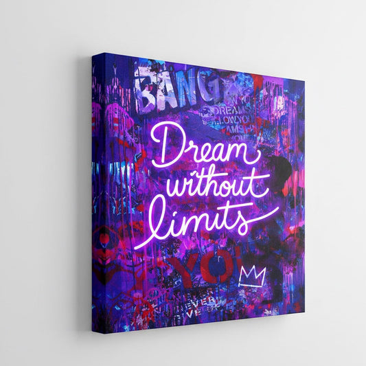 Vue de profil sur toile châssis du tableau néon Dream Without Limits, détails textures et effets spray, impression haute qualité.
