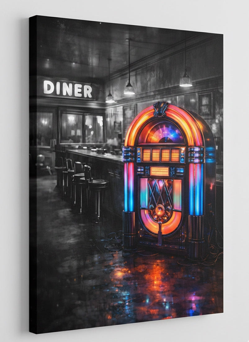 Tableau néon jukebox sur toile vue de profil
