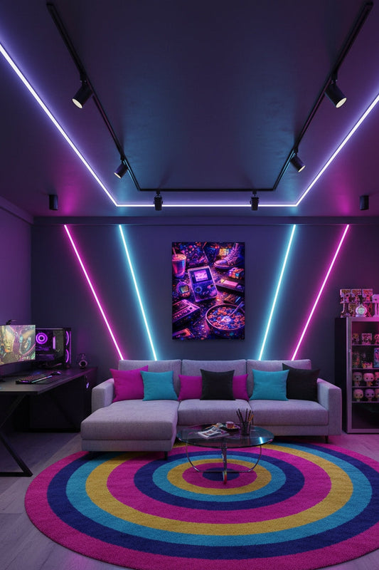 Tableau néon rétro gaming en décoration murale intérieure
