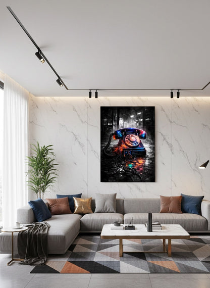 Tableau néon téléphone vintage en décoration murale intérieure
