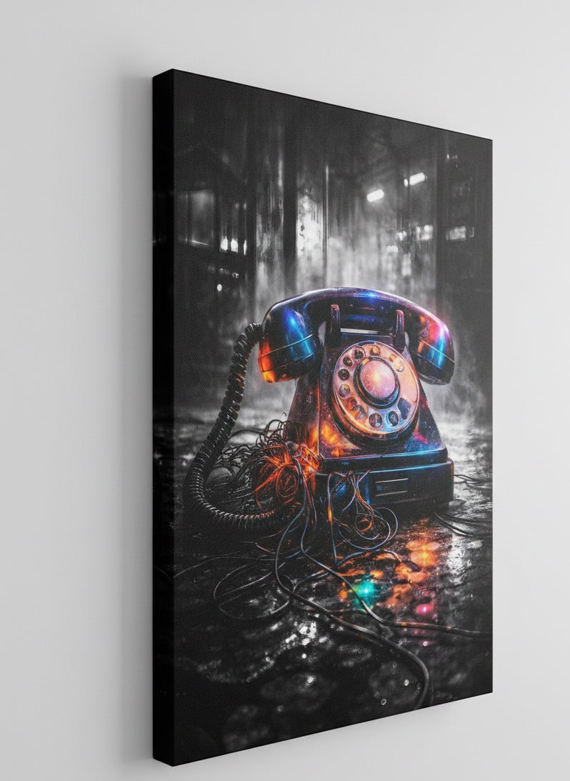 Tableau néon téléphone vintage sur toile vue de profil
