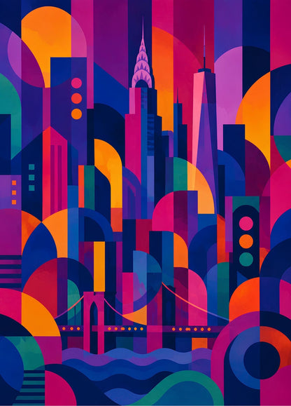 Tableau New York moderne avec skyline géométrique et couleurs pop
