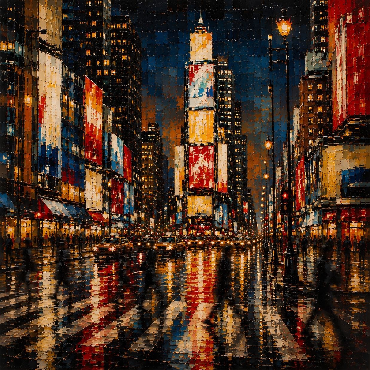 Tableau New York de nuit sous la pluie avec taxis jaunes, buildings illuminés et grands reflets colorés sur la chaussée mouillée.
