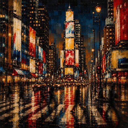 Tableau New York de nuit sous la pluie avec taxis jaunes, buildings illuminés et grands reflets colorés sur la chaussée mouillée.
