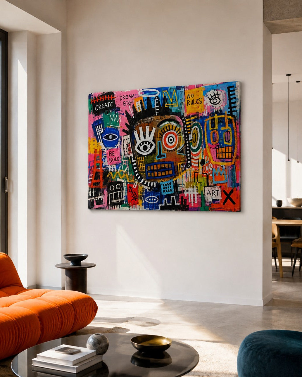 Tableau de figuration contemporaine No Rules présenté dans un salon moderne
