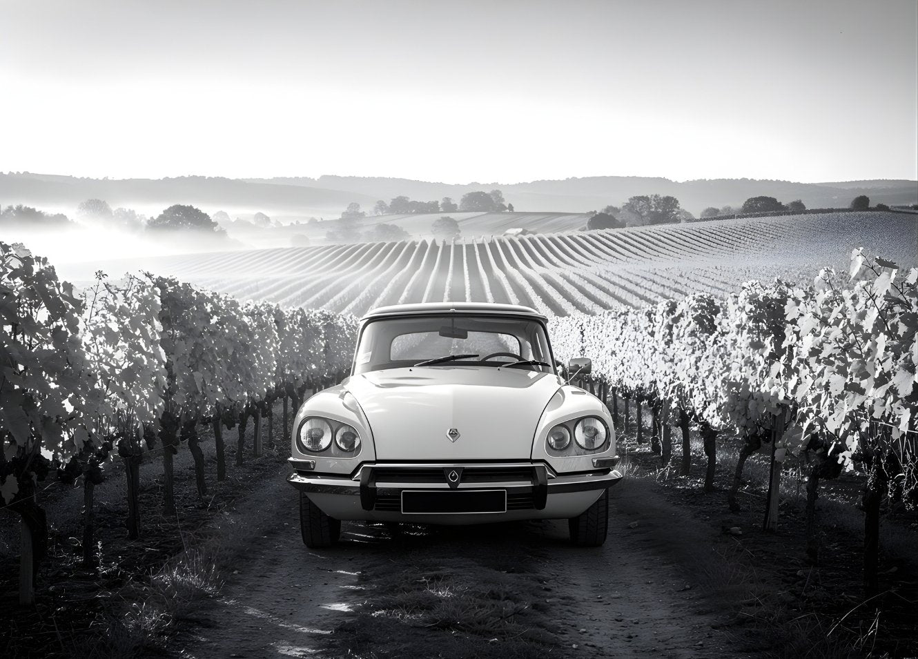 Tableau noir et blanc Citroën DS dans un vignoble français avec rangées de vignes perspective paysage
