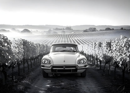 Tableau noir et blanc Citroën DS dans un vignoble français avec rangées de vignes perspective paysage
