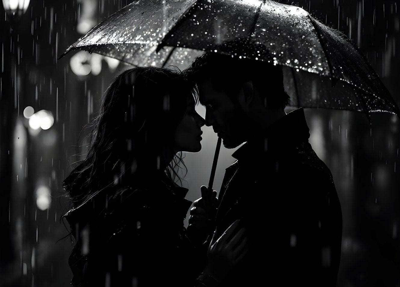 Tableau photo noir et blanc couple sous la pluie ambiance romantique cinématographique moderne
