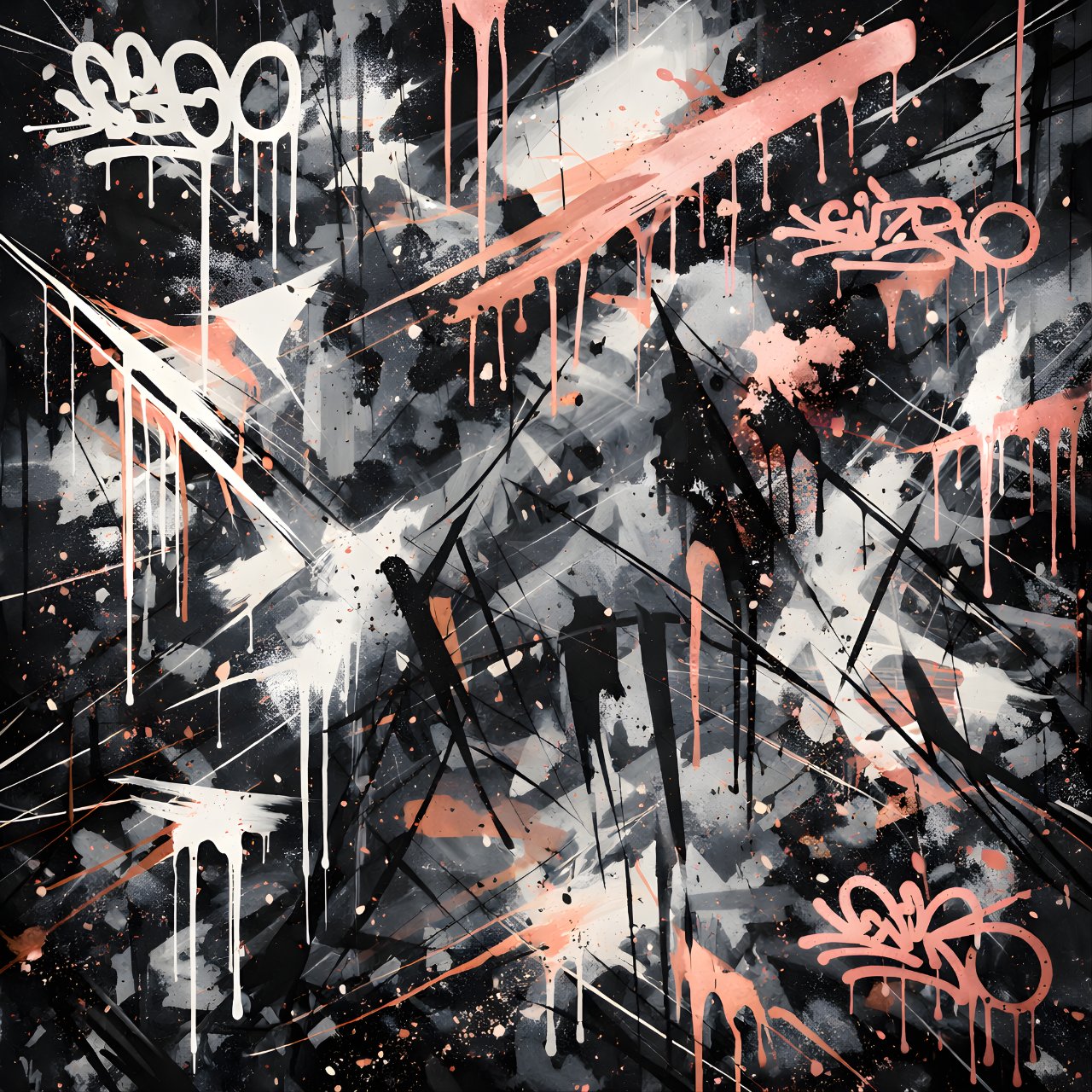 peinture abstraite noir profond et rose poudré style street art contemporain
