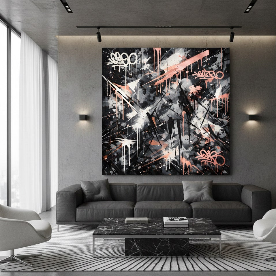 tableau design noir blanc rose poudré pour salon moderne décoration murale urbaine
