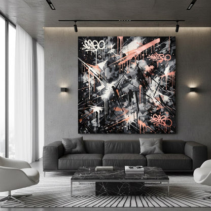 tableau design noir blanc rose poudré pour salon moderne décoration murale urbaine
