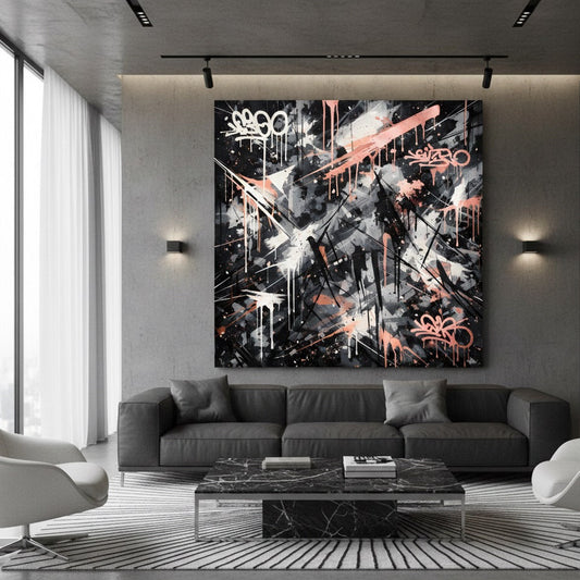 tableau design noir blanc rose poudré pour salon moderne décoration murale urbaine
