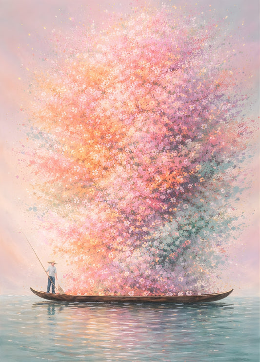 Tableau zen Nuage Floral Contemplatif tons pastel et scène poétique
