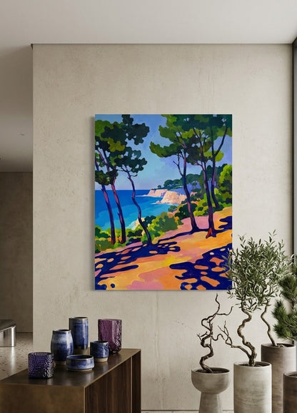 Tableau océan contemporain inspiré des paysages côtiers ensoleillés pour une décoration intérieure moderne et apaisante.
