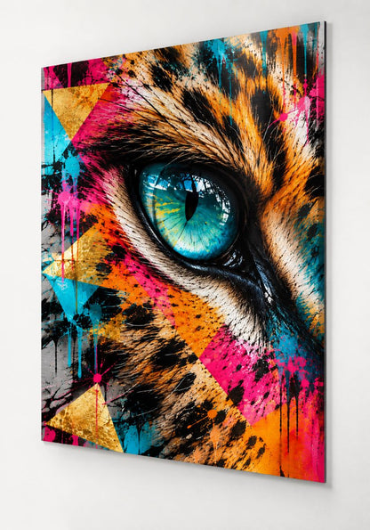 Tableau œil de tigre Instinct Sauvage imprimé sur aluminium brossé, associant pelage réaliste, iris turquoise et couleurs éclatantes

