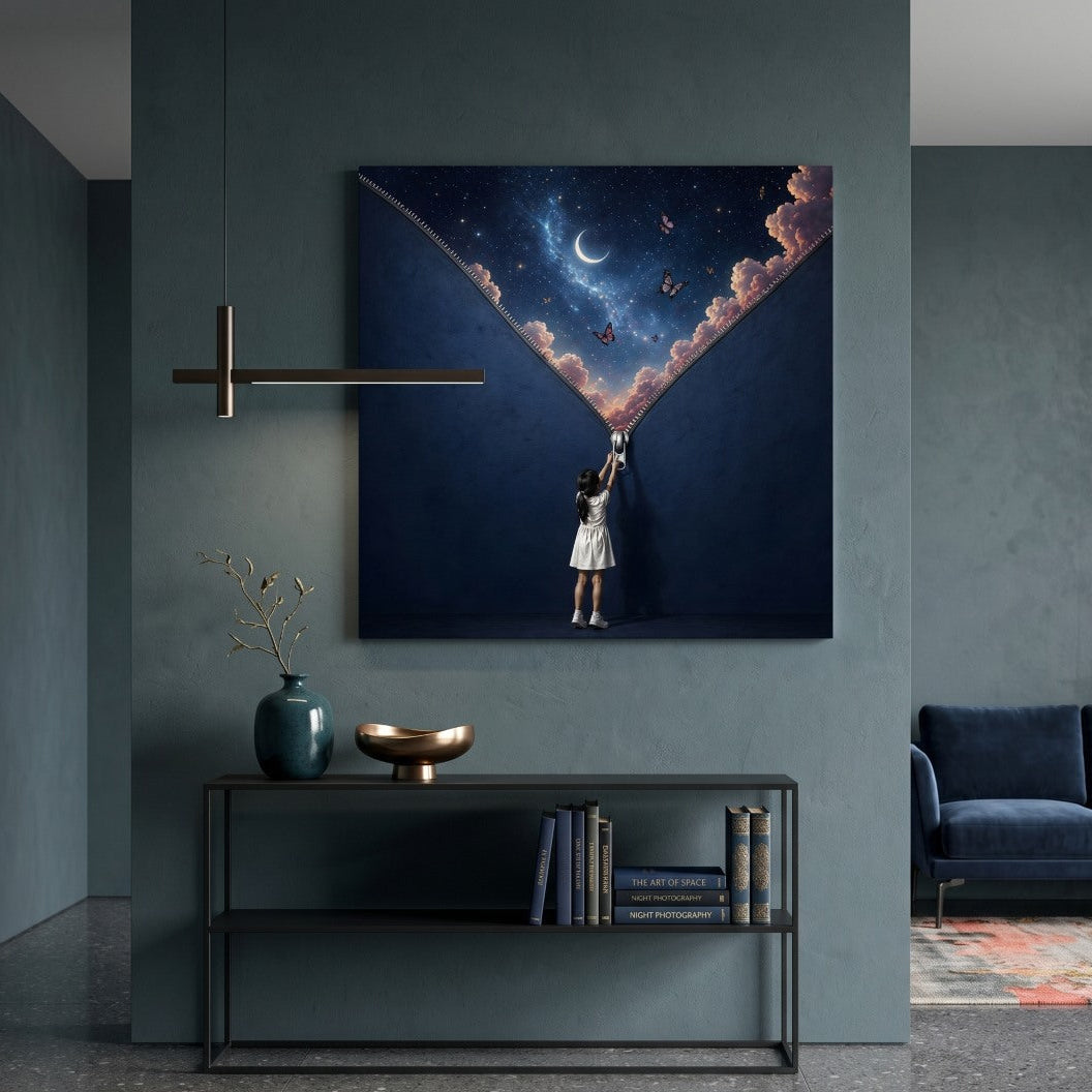 Décoration murale onirique avec cosmos, lune, papillons et ciel nocturne
